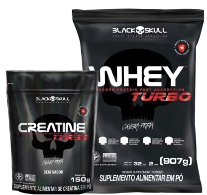 ￼Kit Suplemento Creatina Sem Sabor Refil 150g + Whey Protein Turbo 907 -  Black Skull