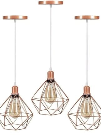 Kit 3 Lustre Pendentes Diamante Luminárias de Teto Cabo Regulável Modelo Diamante Rose Gold