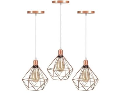 Kit 3 Lustre Pendentes Diamante Luminárias de Teto Cabo Regulável Modelo Diamante Rose Gold