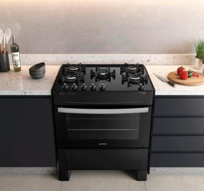 Fogão Atlas 5 Bocas preto Atenas Glass com Acendimento automático - Bivolt