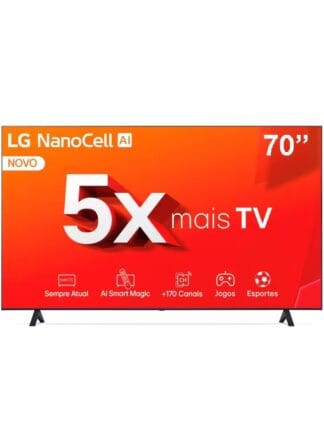 Smart TV 4K 70" LG NanoCell
70NANO80T com Processador a5
Ger7 Al, Hub de Esportes, Alexal
Chromecast integrado, webOS 24 e
Controle Smart Magic