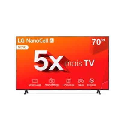 Smart TV 4K 70" LG NanoCell
70NANO80T com Processador a5
Ger7 Al, Hub de Esportes, Alexal
Chromecast integrado, webOS 24 e
Controle Smart Magic