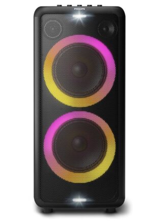 Party Speaker Philips bluetooth com 2 falantes, luzes de led, bluetooth, usb, auxiliar, entradas para microfone e guitarra e energia para 14h TAX5208/78