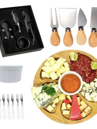 Kit Petisqueira Redonda Madeira + 4 Facas Queijo + 4 Peças Vinho Com Molheira Ramekin e Garfinhos p/Petisco
