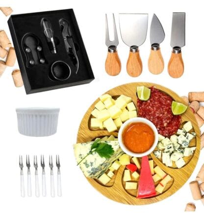 Kit Petisqueira Redonda Madeira + 4 Facas Queijo + 4 Peças Vinho Com Molheira Ramekin e Garfinhos p/Petisco