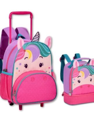 Kit Escolar Unicórnio com Mochila de Carrinho e Lancheira Térmica