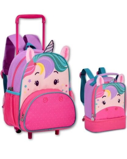 Kit Escolar Unicórnio com Mochila de Carrinho e Lancheira Térmica