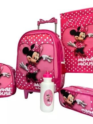Kit Mochila Minnie Rosa Escolar Mala Infantil Rodinhas