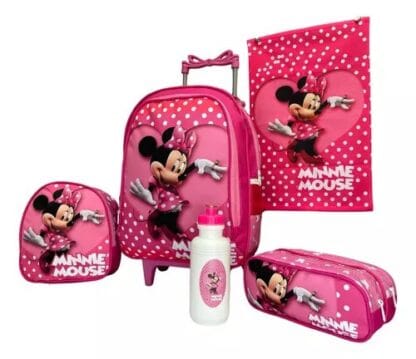 Kit Mochila Minnie Rosa Escolar Mala Infantil Rodinhas