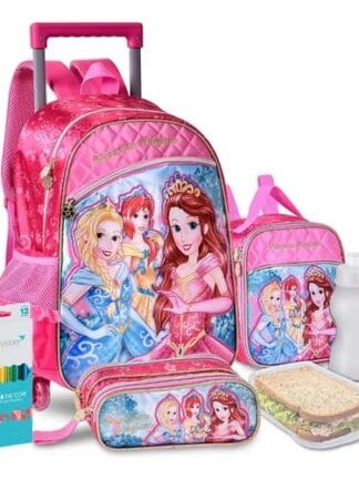 Kit Mochila Feminina Infantil Princesas Escolar De Carrinho
