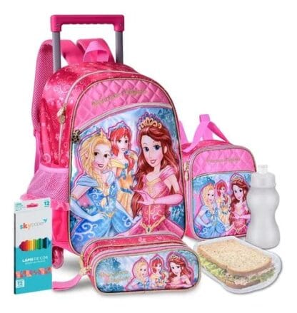 Kit Mochila Feminina Infantil Princesas Escolar De Carrinho