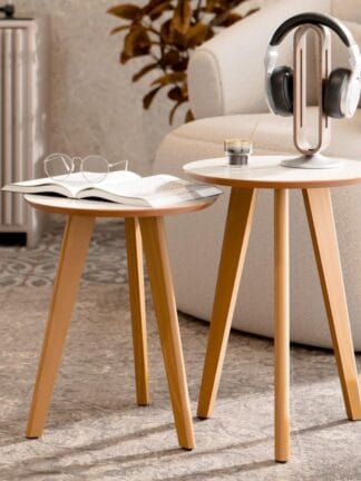 Kit Mesa Apoio e Lateral de Sofá Retrô Classic com 3 Pernas Decoração - Off White/Freijo