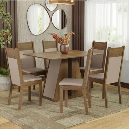 Conjunto Sala de Jantar Mesa Tampo de Madeira 6 Cadeiras Beverly Madesa