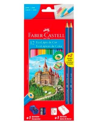 Kit Escolar Lápis de Cor Sextavado + 2 Lápis Max + Apontador + Borracha, Faber-Castell, 12 Cores