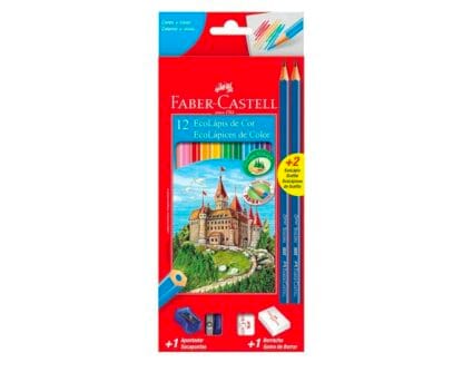 Kit Escolar Lápis de Cor Sextavado + 2 Lápis Max + Apontador + Borracha, Faber-Castell, 12 Cores