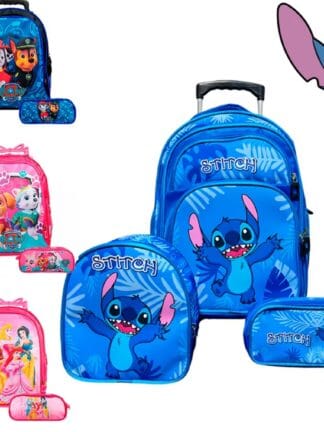 Mochila Infantil Escolar Stitch Lilo Princesas Patrulha Canina + Lancheira + Estojo Menina e Menino Vários Modelos