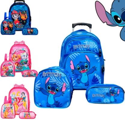 Mochila Infantil Escolar Stitch Lilo Princesas Patrulha Canina + Lancheira + Estojo Menina e Menino Vários Modelos
