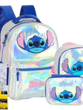 Disney Stitch School Holographic PVC Crianças Crianças Meninas Mochila Back Bag com Case