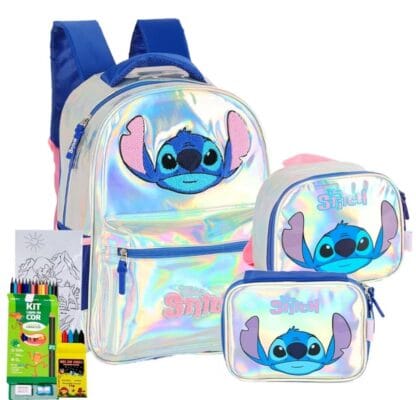 Disney Stitch School Holographic PVC Crianças Crianças Meninas Mochila Back Bag com Case