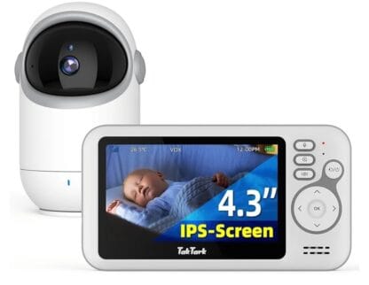 TakTark Babá Eletrônica Câmera, 4.3" Monitores de Câmara de Vídeo, Pan & Tilt, 2 Way Audio, Visão Nocturna, Zoom Digital, Decoração Sonora VOX, Ideal para Novos Pais