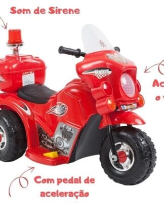 Mini Moto Elétrica Infantil Policial Vermelha com Som Sirene e Luz Giroflex com Baú