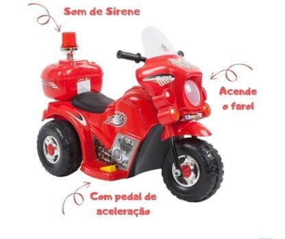 Mini Moto Elétrica Infantil Policial Vermelha com Som Sirene e Luz Giroflex com Baú
