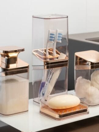 Kit Banheiro Luxo Lavabo Porta Sabonete Sabão Líquido Algodão Escova de Dentes Rose Gold