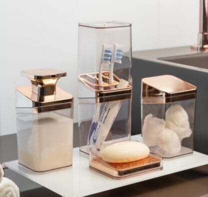 Kit Banheiro Luxo Lavabo Porta Sabonete Sabão Líquido Algodão Escova de Dentes Rose Gold