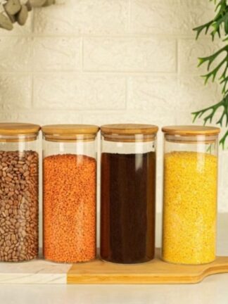 Conjunto de Potes de Vidro 300ml Tampa em Bambu 5pcs