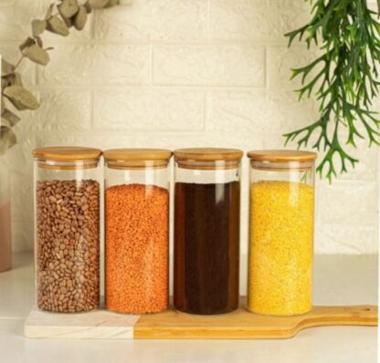 Conjunto de Potes de Vidro 300ml Tampa em Bambu 5pcs