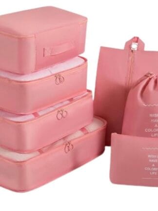 Kit Organizador de Malas para Viagem 7 Peças Conjunto Organizador Completo Bolsas Necessaire Sapatos Maquiagem Roupas Bagagem Organizada (Rosa)