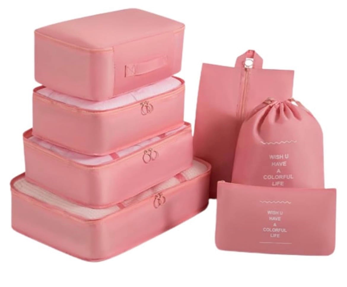 Kit Organizador de Malas para Viagem 7 Peças Conjunto Organizador Completo Bolsas Necessaire Sapatos Maquiagem Roupas Bagagem Organizada (Rosa)