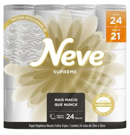 Neve Papel Higiênico Supreme Folha Tripla, 20m, Leve 24 Pague 21 Rolos