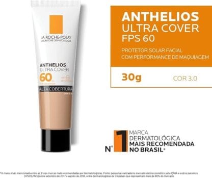 La Roche-Posay, Ultra Cover, Protetor Solar com Cor e Performance de Maquiagem, 12h de cobertura de base em uma única camada, Textura Fluida, Oil free, Toque Seco, FPS60, 40g