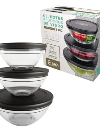 Conjunto com 3 Potes de Vidro Redondos com Tampa Plástica preta, VDR7093-PT, Euro Home