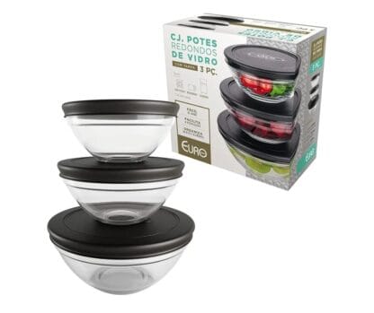 Conjunto com 3 Potes de Vidro Redondos com Tampa Plástica preta, VDR7093-PT, Euro Home