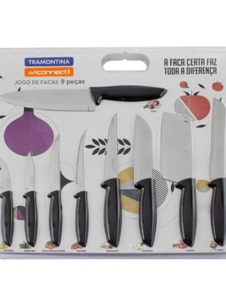 Jogo de Facas Tramontina Plenus com Lâminas em Aço Inox e Cabos de Polipropileno Preto 9 Peças
