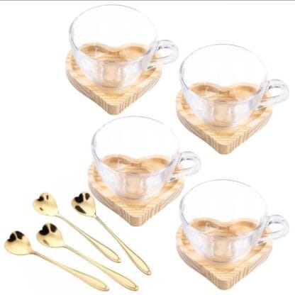 kit 4 Xícaras G com Pires coração acompanha colheres coração