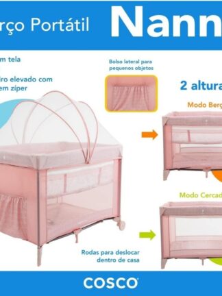 Cosco Kids, Berço Nanny, 0 a 18kg, Rosa Rajado