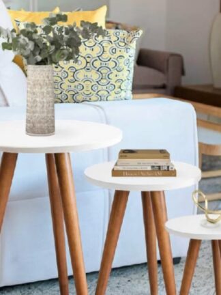 kit Trio Jogo de Mesinhas Lateral Redondas Sala Pé Palito Retro