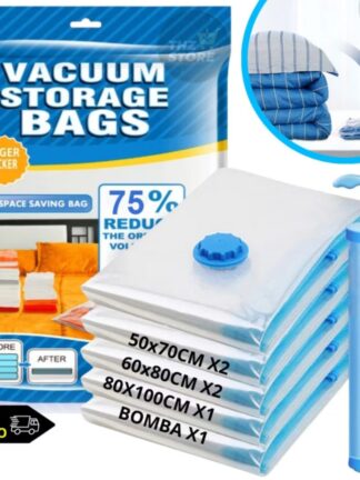 Kit 5 Saco a Vacuo para Roupas Edredom + Bomba Sucção Organizador Mala Viagem Embalagem