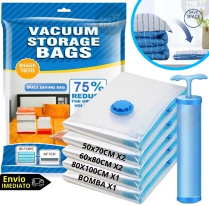 Kit 5 Saco a Vacuo para Roupas Edredom + Bomba Sucção Organizador Mala Viagem Embalagem
