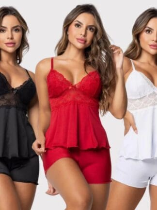 Pijama Baby Doll Sexy Short Doll Feminino Detalhe de Renda Luxo