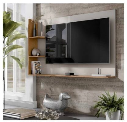 Painel Para TV 50 Polegadas Smart Para Sala Quarto Nicho Com Prateleira Berlim - Quality Móveis (OffWhite/Nature)