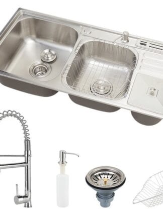 Kit cuba para cozinha pia dupla em aço inox com lixeira nukini e torneira gourmet munim prata Pingoo.casa