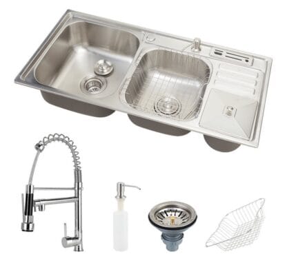 Kit cuba para cozinha pia dupla em aço inox com lixeira nukini e torneira gourmet munim prata Pingoo.casa