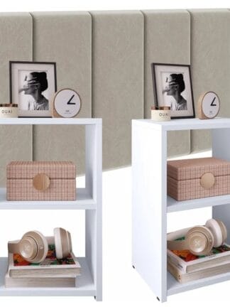 Conjunto Quarto 2 Mesa Cabeceira Retrô Painel Cabeceira Cama Casal Box 1,40 (Bege - Branco)