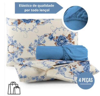 Kit Jogo de Lençol Queen 4 Peças com Elástico 1,98m x 1,58m x 30cm Altura Estampas Sortidas