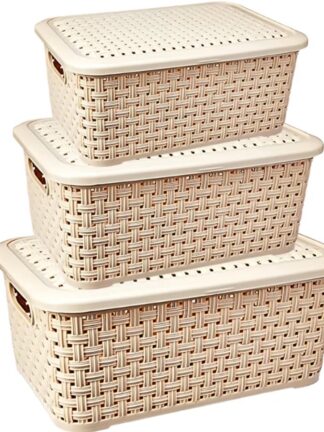 Kit 3 Cestos Rattan Bege Pequeno Médio Grande com Tampa Organizador Decorativo Organizadores