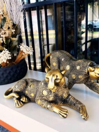 Pantera estilizada grande dourado envelhecidocasal leopardo decoração feito no brasil